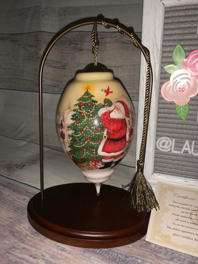 I’ll Be Home For Christmas”, Hand Painted Glass Ornament & Walnut Finish Small Hanging Stand” Metal Stand4